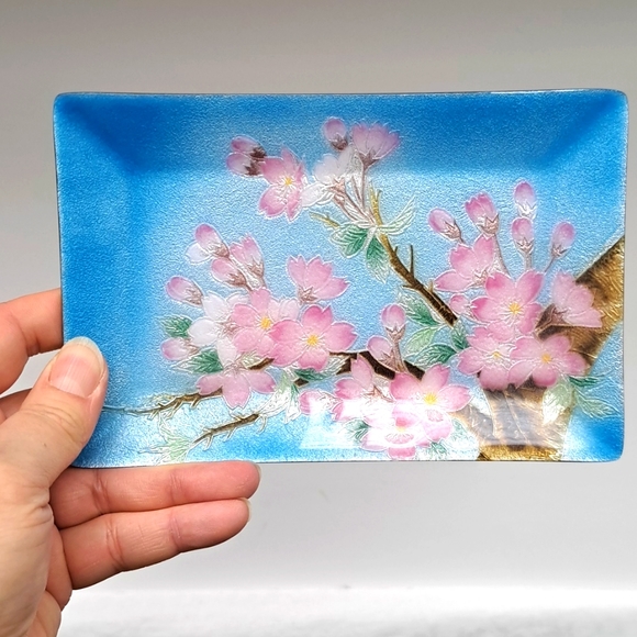 Vintage Japanese enamel on copper trinket dish with cherry blossom design - Picture 2 of 4